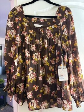 LC Lauren Conrad Brown Floral Peasant Blouse with Pink & Cream Blooms